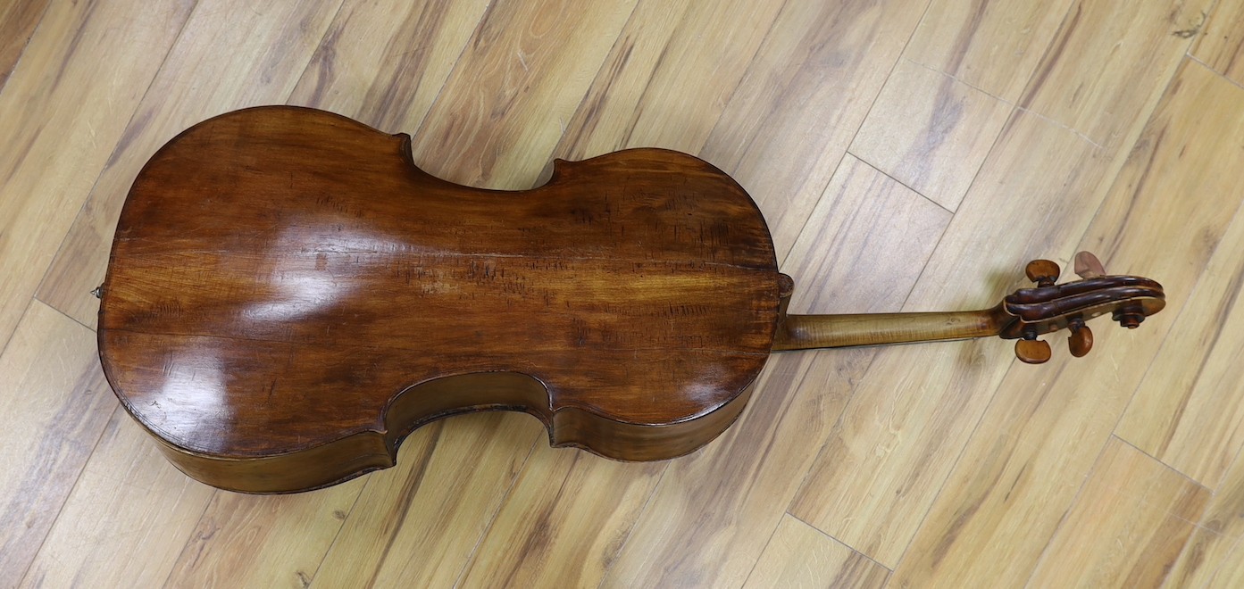 An early 19th century cello, possibly English, length of back 29 inches, cased